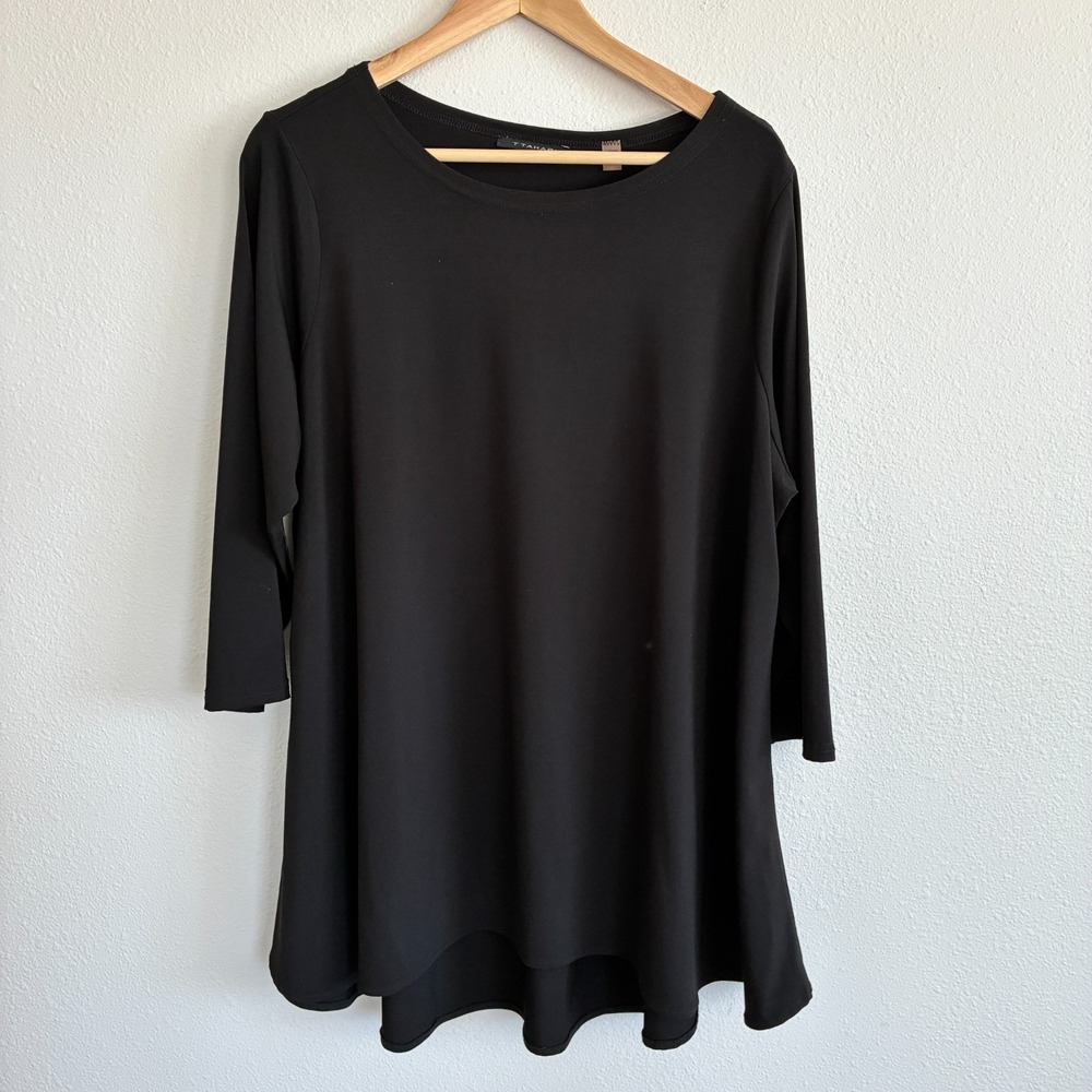 T Tahari Tunic Top Womens 1X Black Swing 3/4 Sleeve Hi-Lo Hem Pullover Blouse